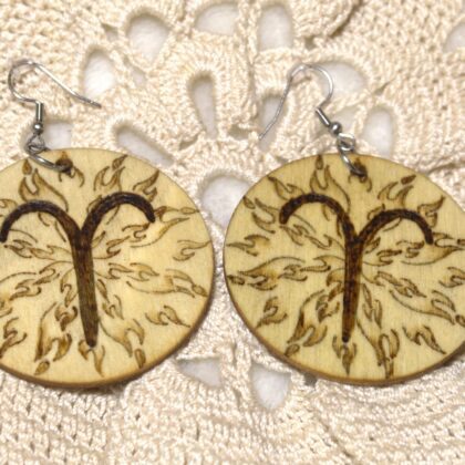 circle earrings wood burned art aries zodiac