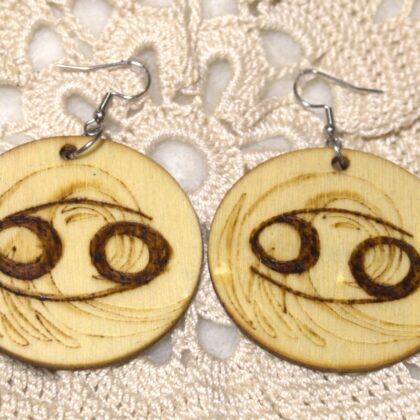 circle earrings wood burned art cancer zodiac