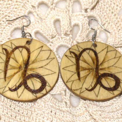 circle earrings wood burned art capricorn zodiac