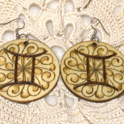 circle earrings wood burned art gemini zodiac