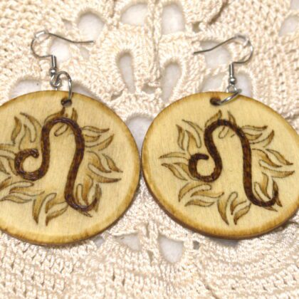 circle earrings wood burned art leo zodiac