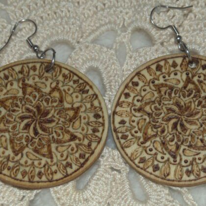 circle mandala earrings wood burned art