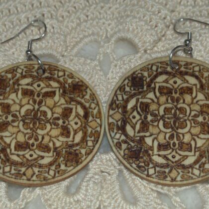 circle mandala earrings wood burned art