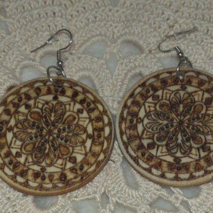 circle mandala earrings wood burned art