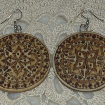 circle mandala earrings wood burned art