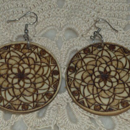 circle mandala earrings wood burned art