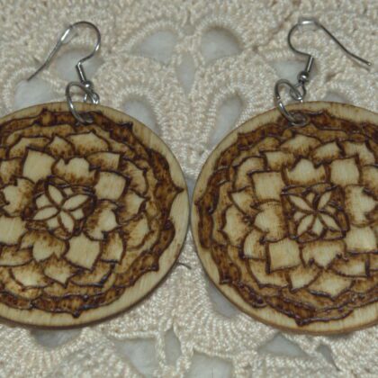 circle mandala earrings wood burned art