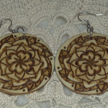 circle mandala earrings wood burned art