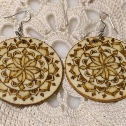 circle mandala earrings wood burned art