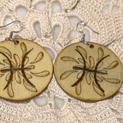 circle earrings wood burned art pisces zodiac