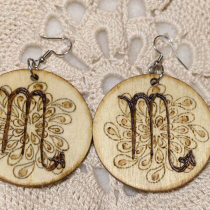 circle earrings wood burned art scorpio zodiac