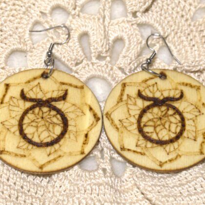 circle earrings wood burned art taurus zodiac