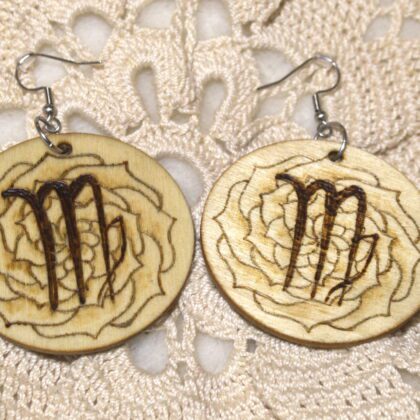 circle earrings wood burned art virgo zodiac