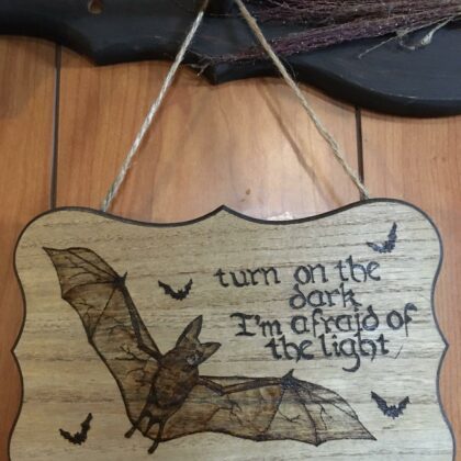 flying bat plaque wood burned art