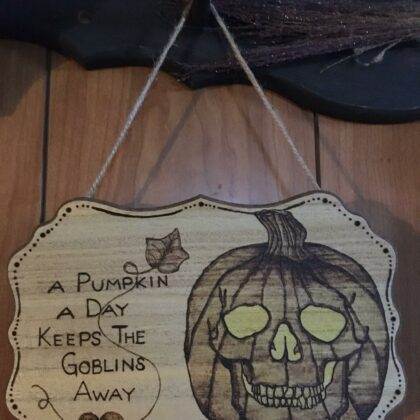 skull pumpkin plaque wood burned art