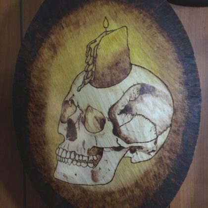 oval skull candle wood burned art