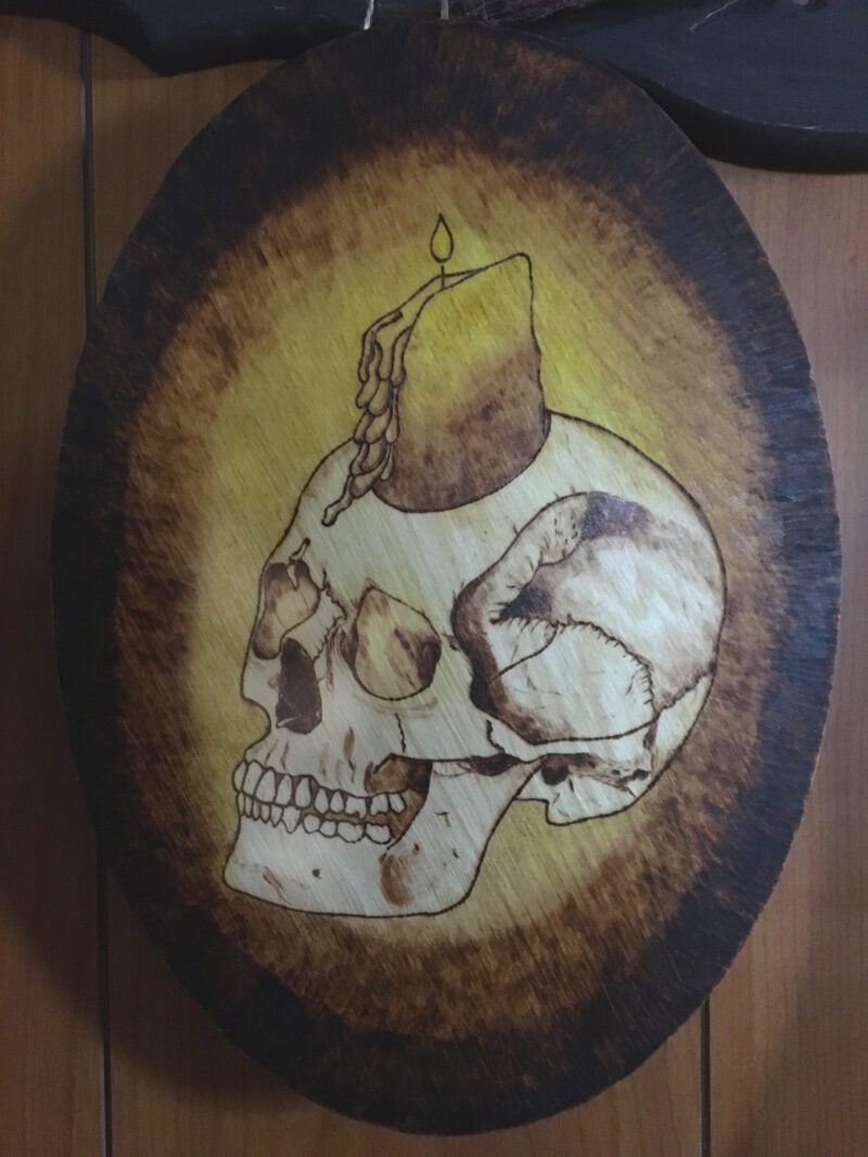 oval skull candle wood burned art
