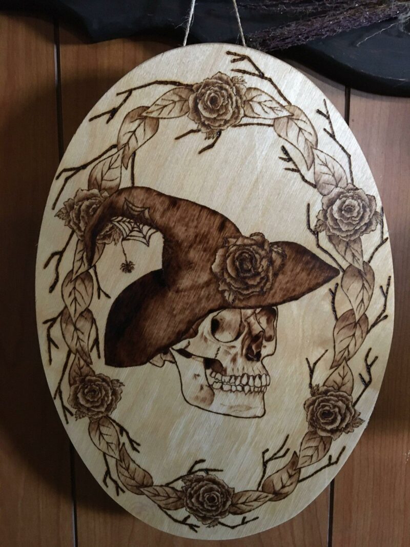 skull witch hat oval wood burned art