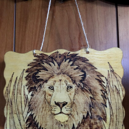 lion plaque wood burned art