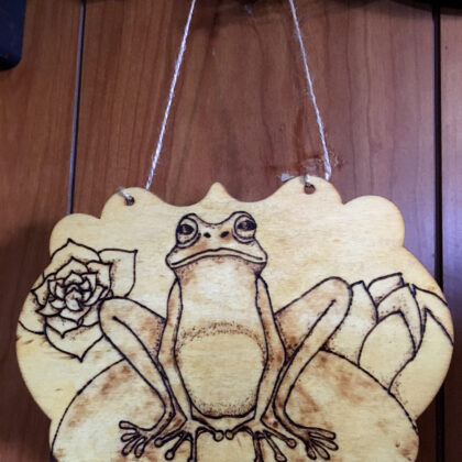 frog plaque wood burned art