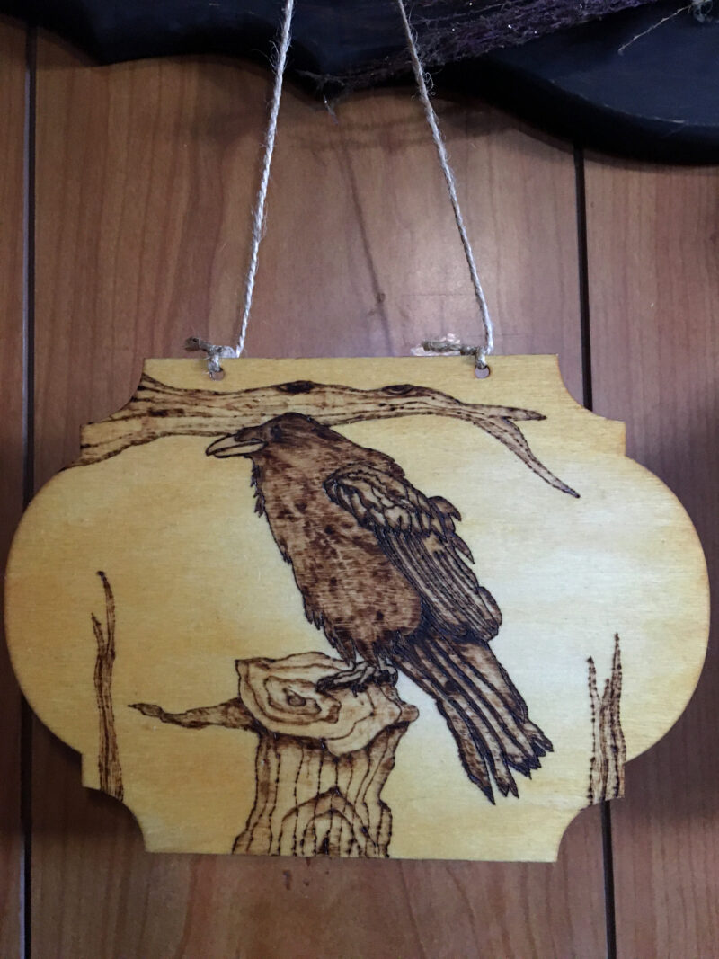 raven plaque wood burned art