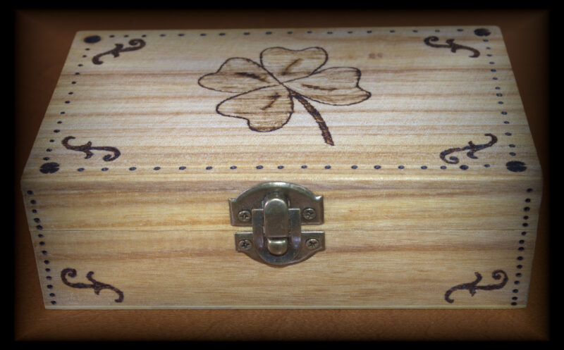 four leaf clover small box wood burned art