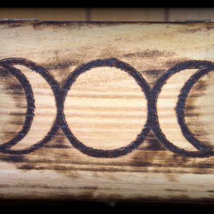 triple moon small box wood burned art