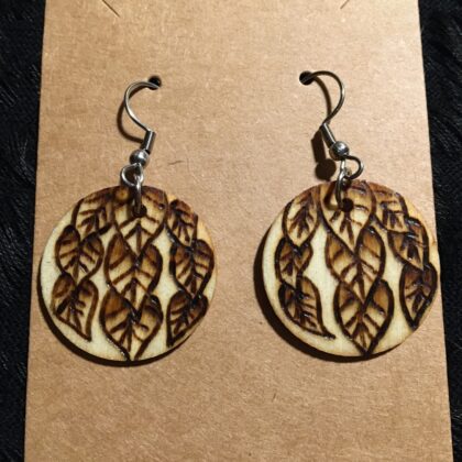 leaves, earrings, circle, wood burned, jewelry