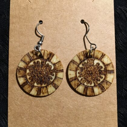 sun, circle, earrings, wood burned, jewelry