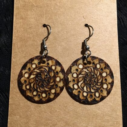 mandala, circle, earrings, wood burned, jewelry