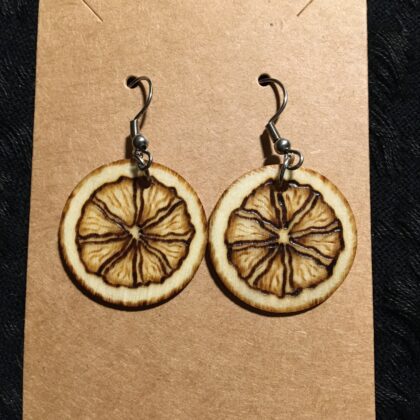 citrus, orange, lemon, fruit, circle, earrings, wood burned, jewelry