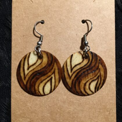 flame, circle, earrings, wood burned, jewelry