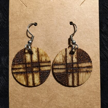 criss-cross line pattern, texture, circle, earrings, wood burned, jewelry