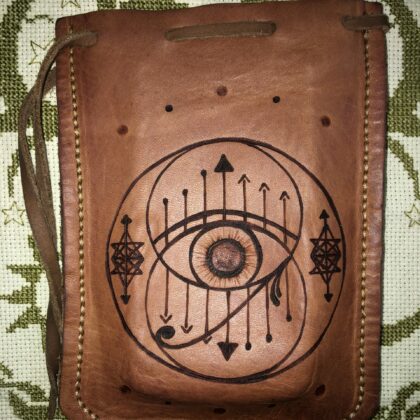 eye of ra crystal cluster pyrography drawstring leather pouch tarot card deck