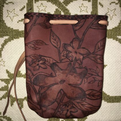 flowers leaves pyrography drawstring leather pouch