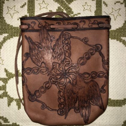 Huginn and Muninn pyrography drawstring leather pouch