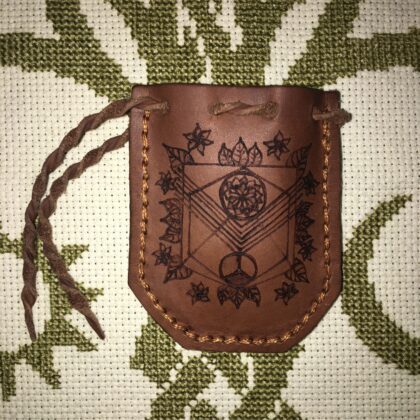 sacred geometry pyrography mini drawstring leather pouch quartz crystal