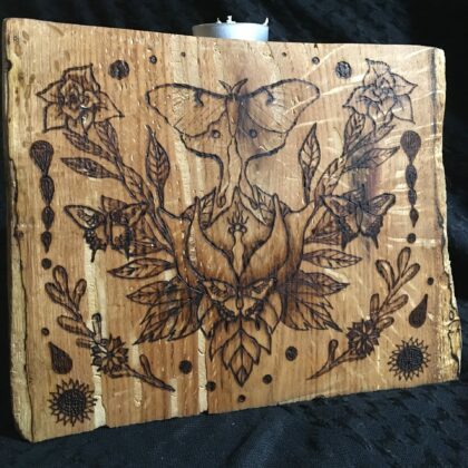 moon moth tealight candle holder wood burned wood chunk