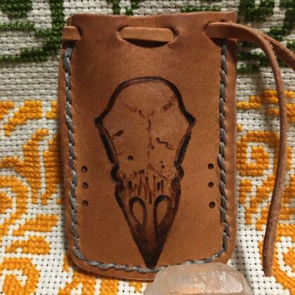 mini leather pouch quartz crystal raven skull pyrography