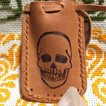 mini leather pouch human skull quartz crystal pyrography