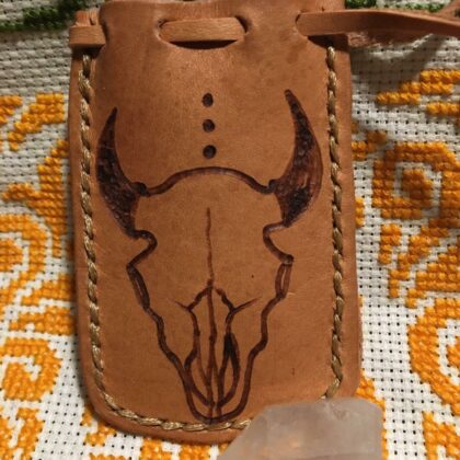 mini leather pouch bull horned skull quartz crystal pyrography