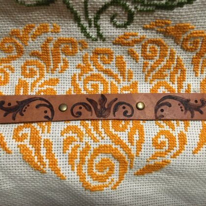 women's leather bracelet snaps rivets floral pyrography