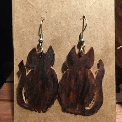 cats silhouette leather earrings pyrography