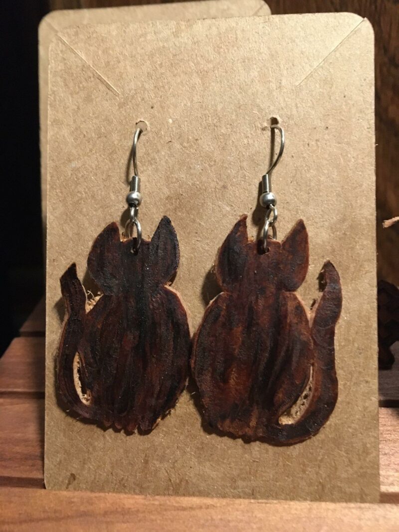 cats silhouette leather earrings pyrography