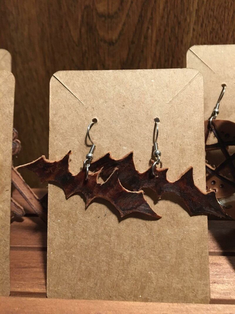 bats silhouette leather earrings pyrography