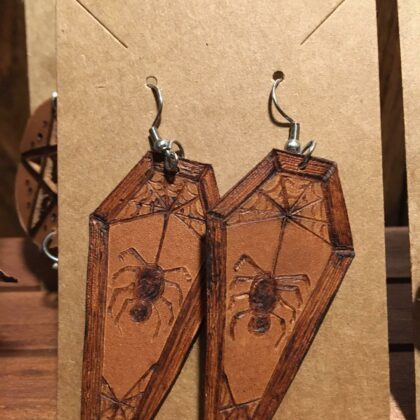 coffin spiderweb spider leather earrings pyrography