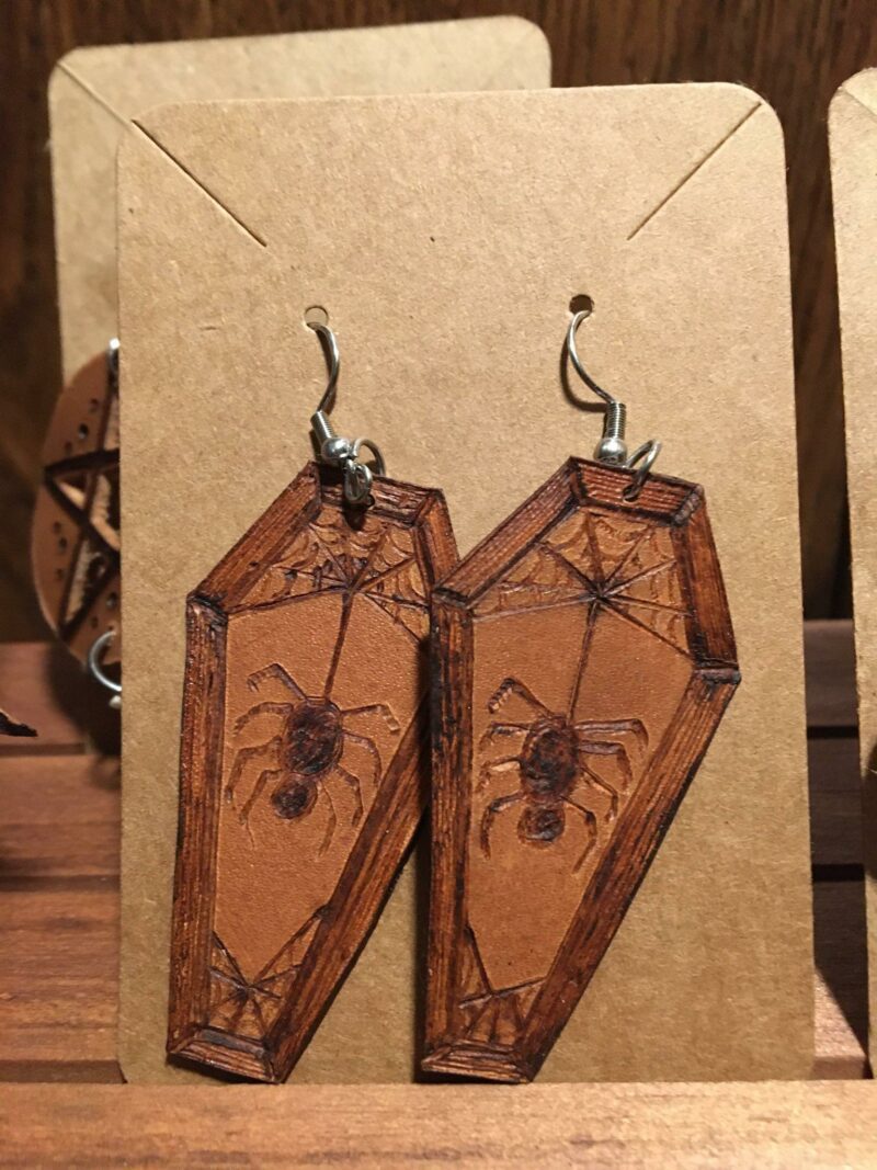 coffin spiderweb spider leather earrings pyrography