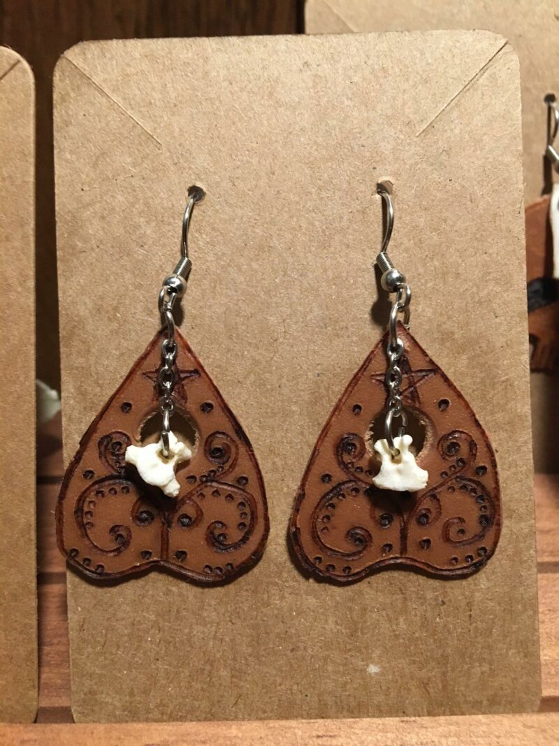 planchette bone leather earrings pyrography design