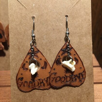 planchette bone leather earrings goodbye stars moons pyrography