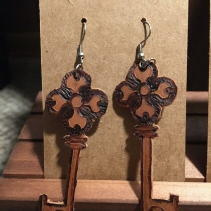 vintage key leather earrings pyrography